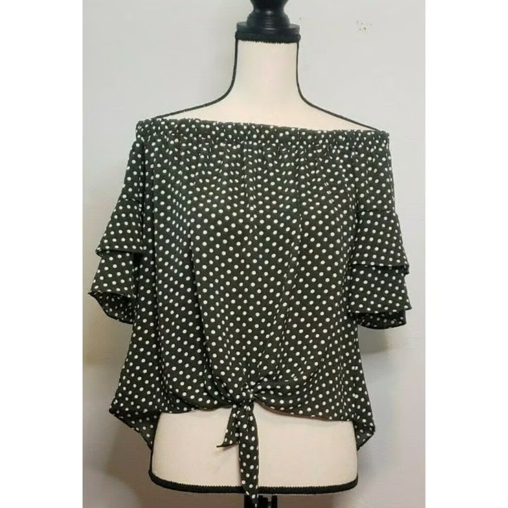 Paradiso Olive Green White Top Sz Small Polka Dot Off Shoulder Tiered Sleeve Tie